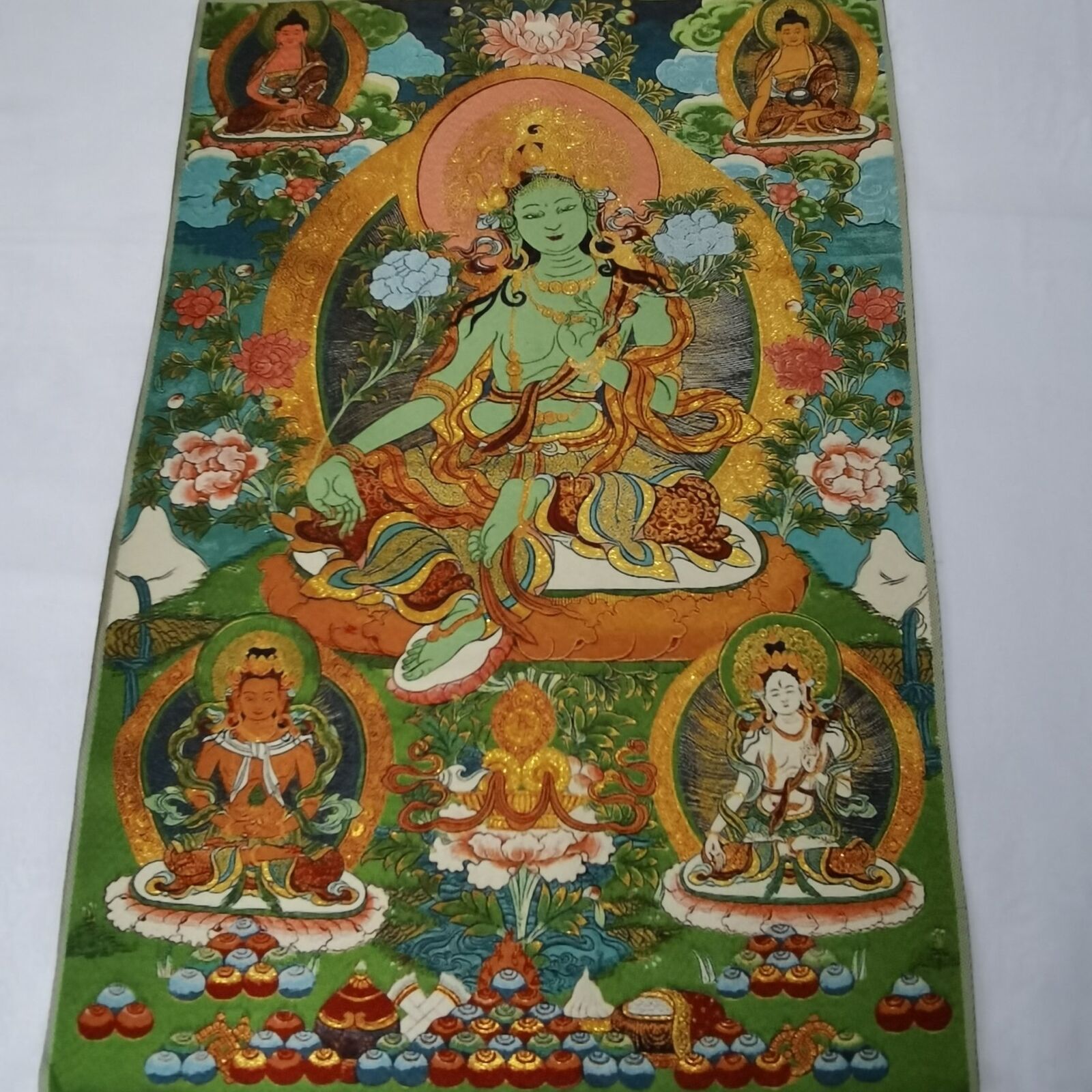 Home Textiles China - 36インチ チベット布絹仏教グリーンタラ観音タンカ高級壁画家庭仏教ホール壁装飾絵画