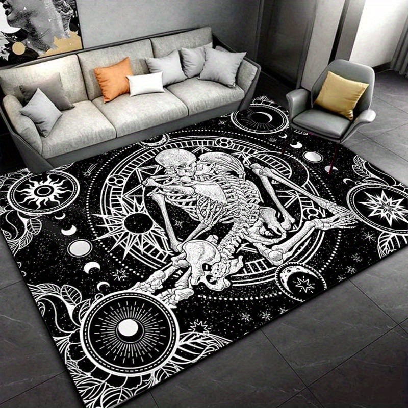 Home Textiles Rug - エレガントなスケルトンダンスラグ - 占星術のシンボルをあしらったゴシックスタイルのインテリア、白黒のインテリアデザイン
