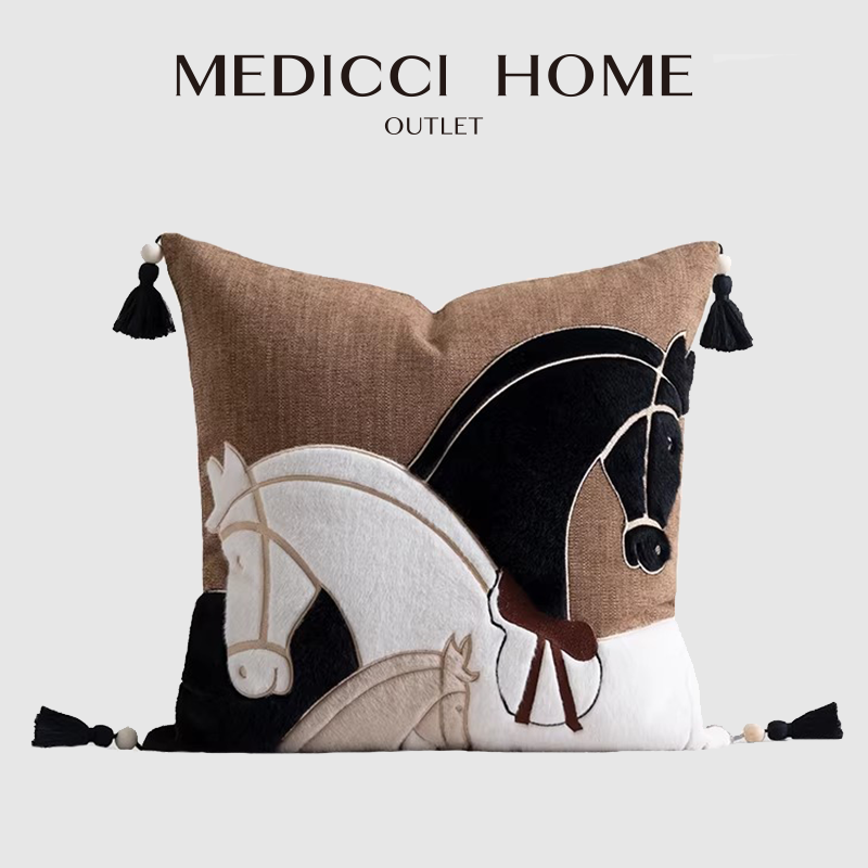 Pillow Cover 20X20 - メディチホーム高級手作り馬のシルエットアップリケ刺繍クッションカバーシックな質感のソファ枕カバーホリデーホームデコ