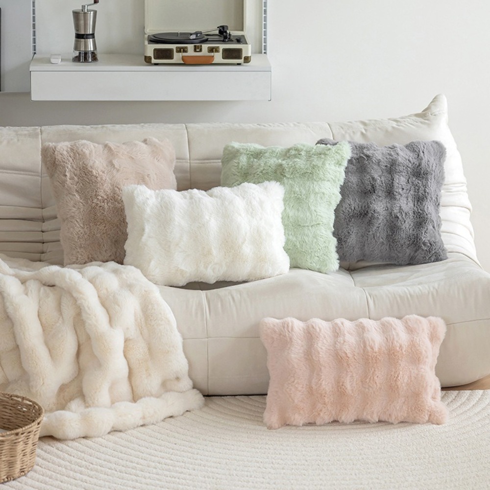 Pillow Cover 20X20 - シンプルなイミテーションラビットヘアクッションカバーバブルベルベットソフト枕カバー暖かいソファ枕カバーホームデコレーション